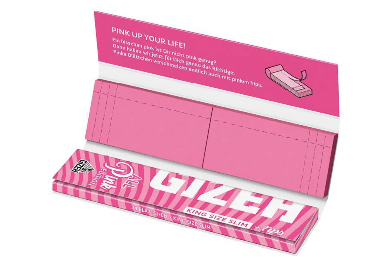 Die GIZEH All Pink King Size Slim + Tips von smokefy bieten leuchtend pinke Blättchen und eine Verpackung mit dem Slogan „Pink Up Your Life!“ im Inneren. Die Packung enthält 34 Blättchen und anpassbare Filteroptionen für ein personalisiertes Erlebnis.