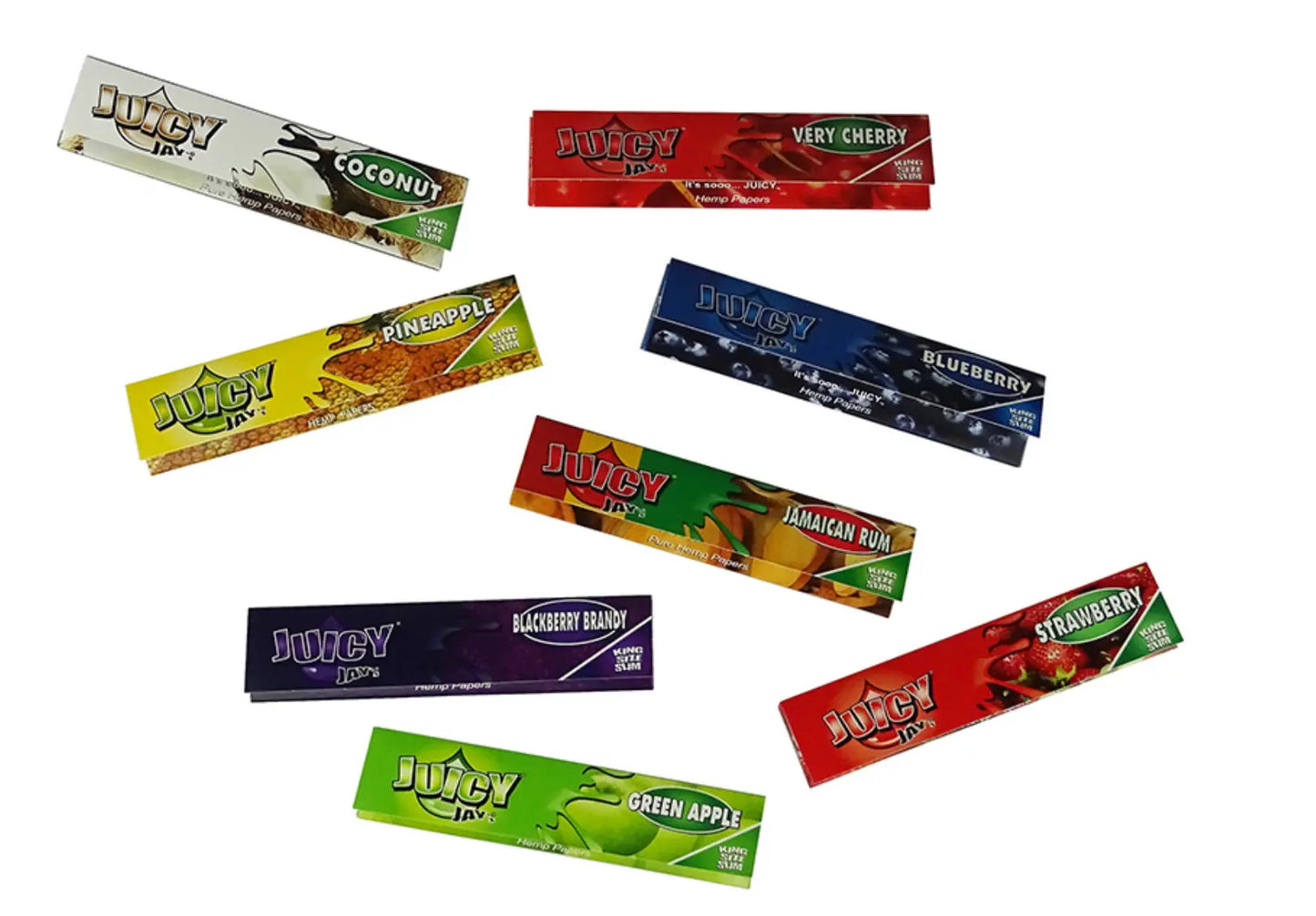 Juicy Jays - Papes mit Geschmack- 32 Blättchen- Kingsize präsentiert eine bunte Palette an Geschmacksrichtungen wie Kokosnuss, Kirsche, Ananas, Blaubeere, jamaikanischer Rum, Erdbeere, Brombeerbrandy mit Kirscharoma-Hauch und grüner Apfel. Jedes davon verfügt über lebendige Designs unter der Marke Juicy Jay.