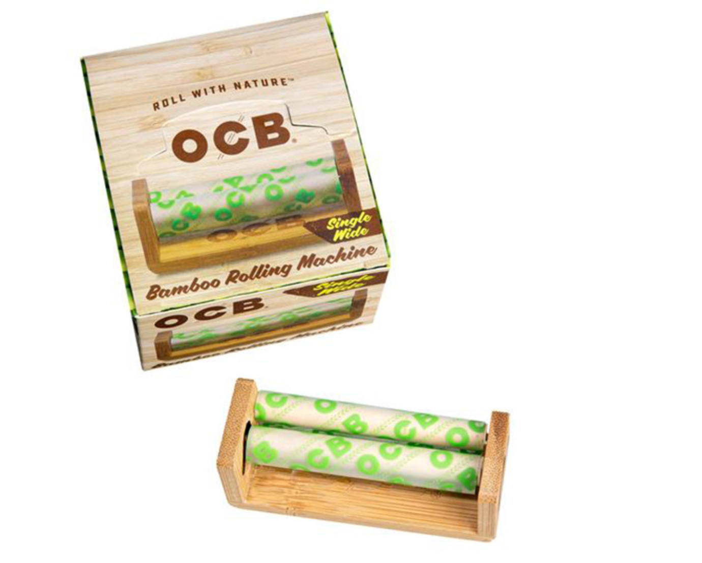 Die OCB Bamboo Drehmaschine mit Holzsockel und grünen Walzen wird vor einer Verpackung präsentiert, auf der „Roll with Nature“ und „OCB“ stehen. In Kombination mit Single Wide Papers ist sie eine umweltfreundliche Wahl.